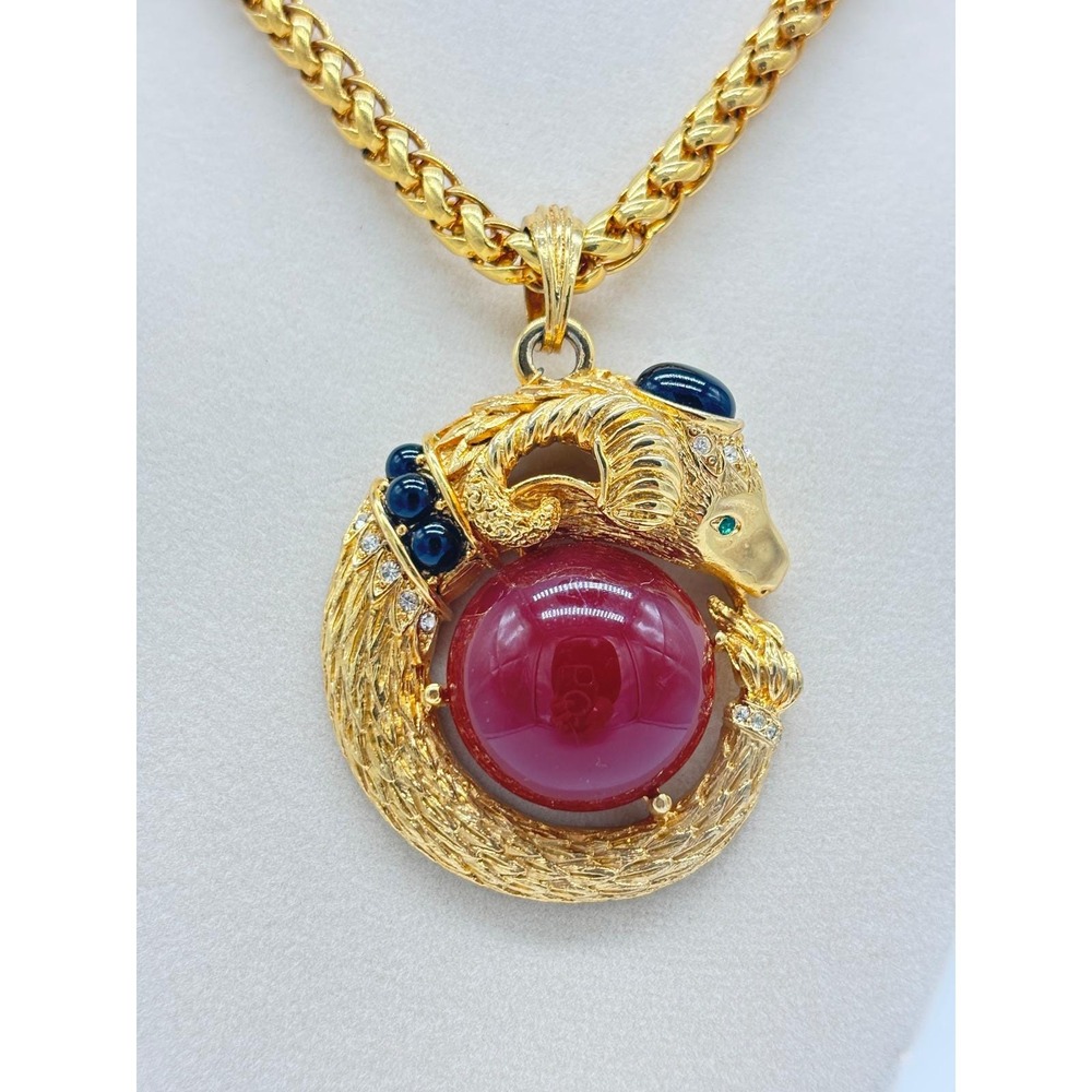 Rare Vintage 70's Signed GEM CRAFT Ram's Head Cabochon and Rhinestone Necklace